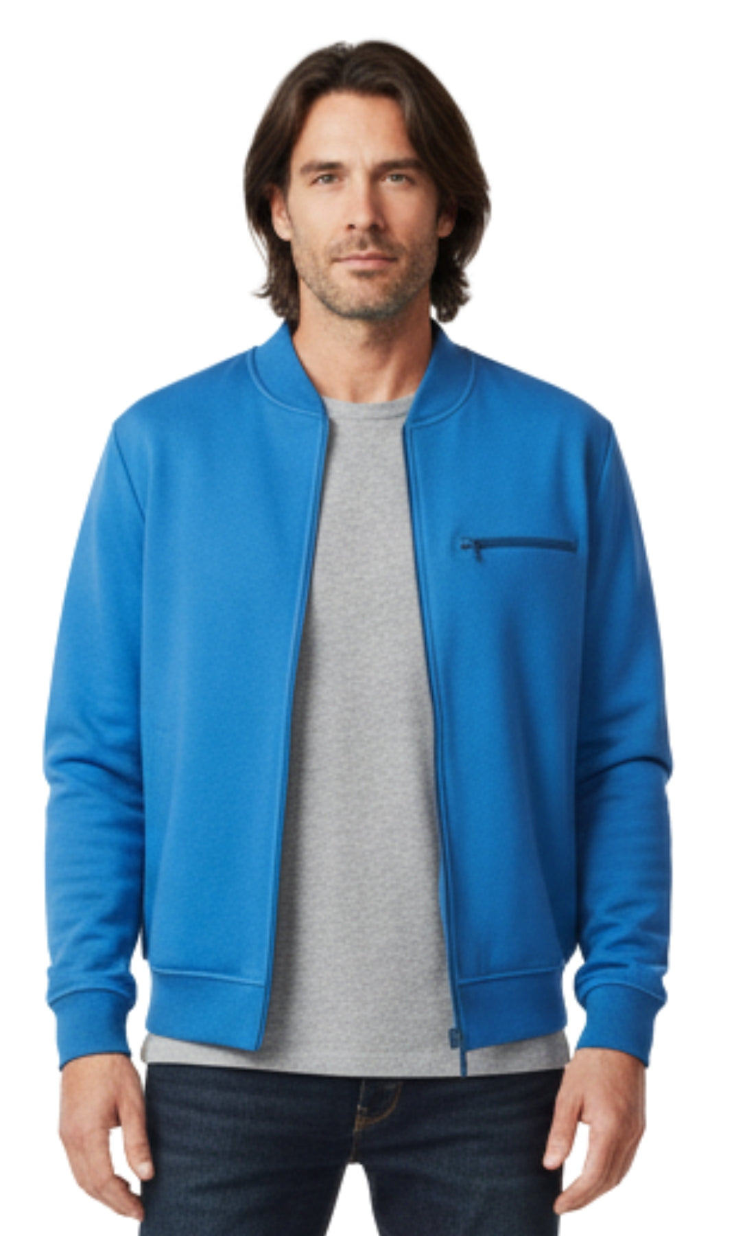 Turtle Bay men's zip-up baseball fleece jacket in Cobalt, front view