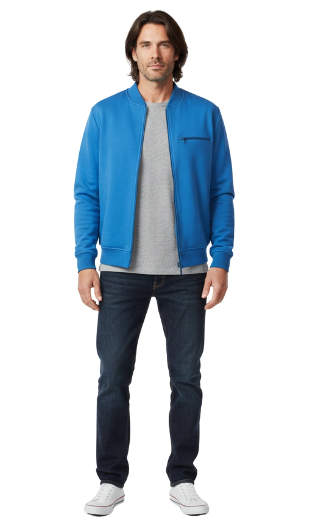 Turtle Bay men's zip-up baseball fleece jacket in Cobalt, full-length view