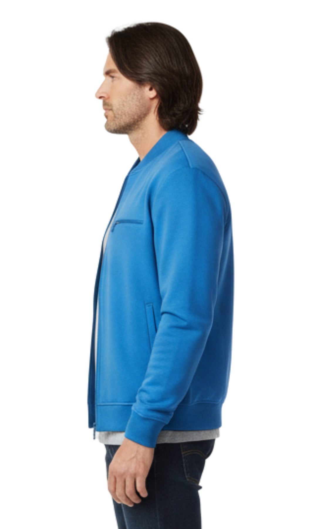 Turtle Bay men's zip-up baseball fleece jacket in Cobalt, side view