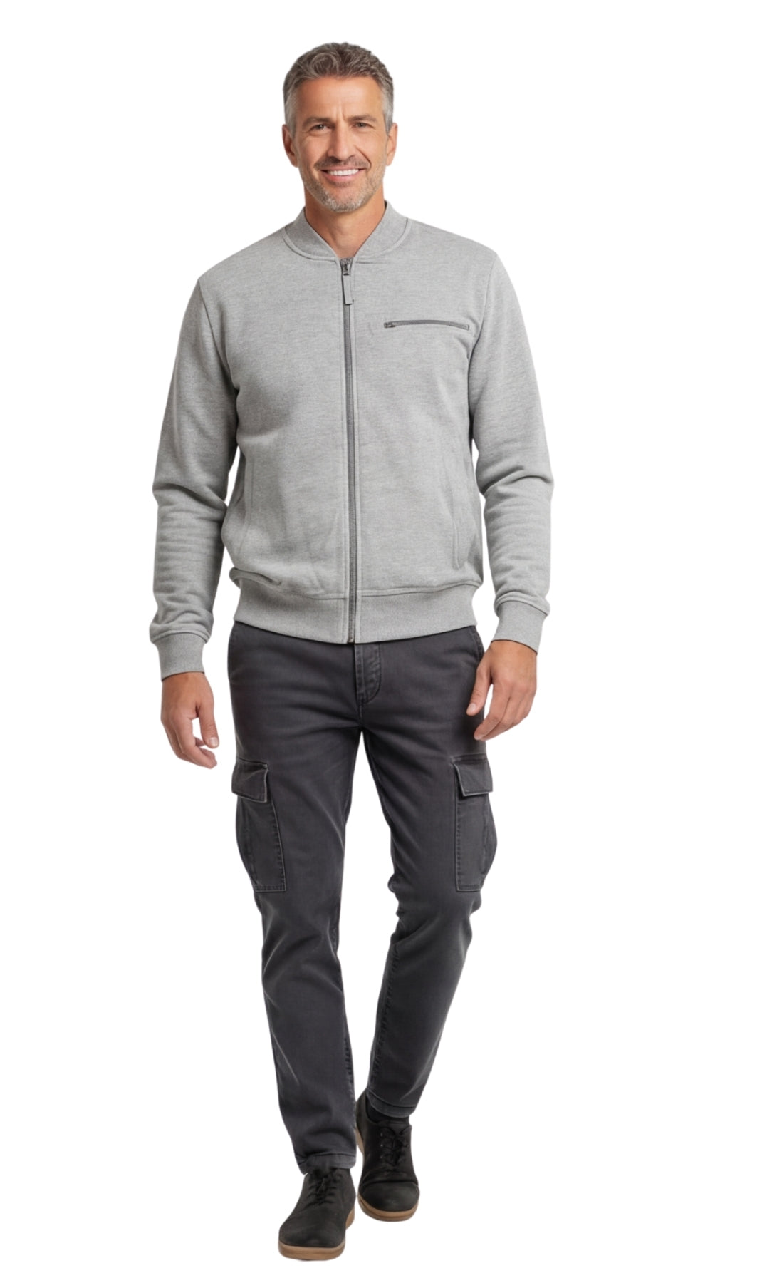 Turtle Bay men's zip-up baseball fleece jacket in Heather Grey, full-length view