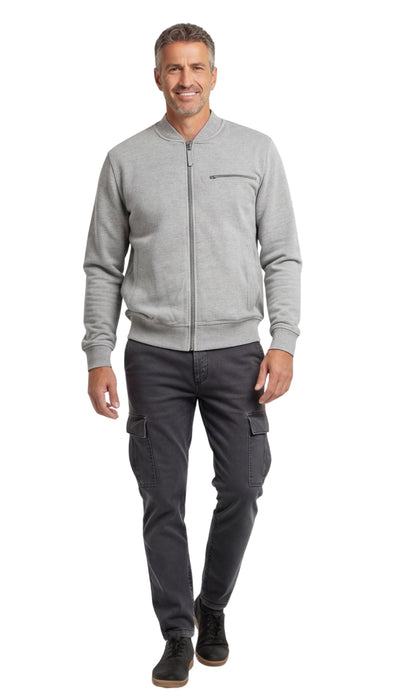 Turtle Bay men's zip-up baseball fleece jacket in Heather Grey, full-length view