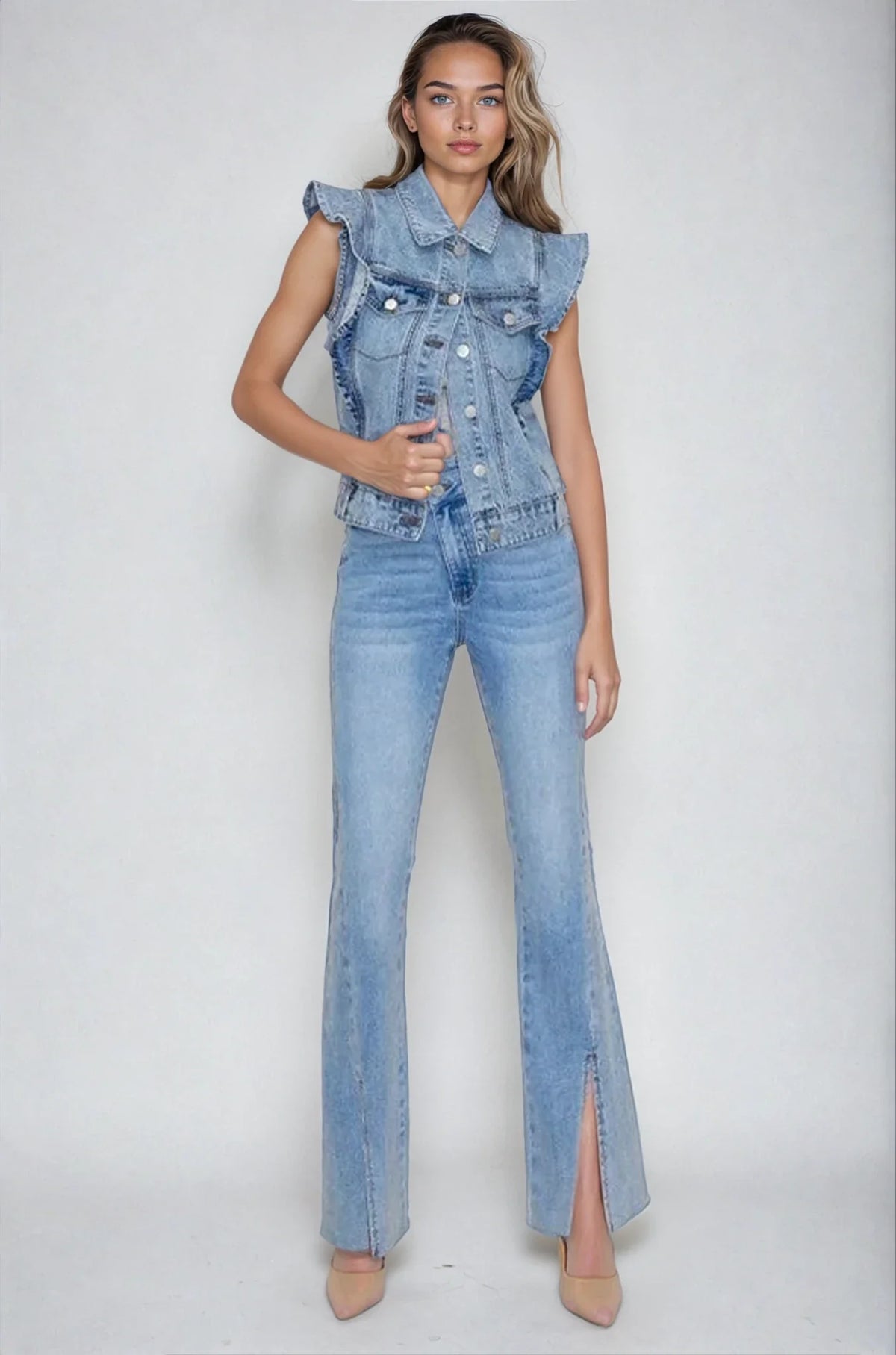 Fitkitty Culture Marlowe ruffle-shoulder denim vest, alternate view