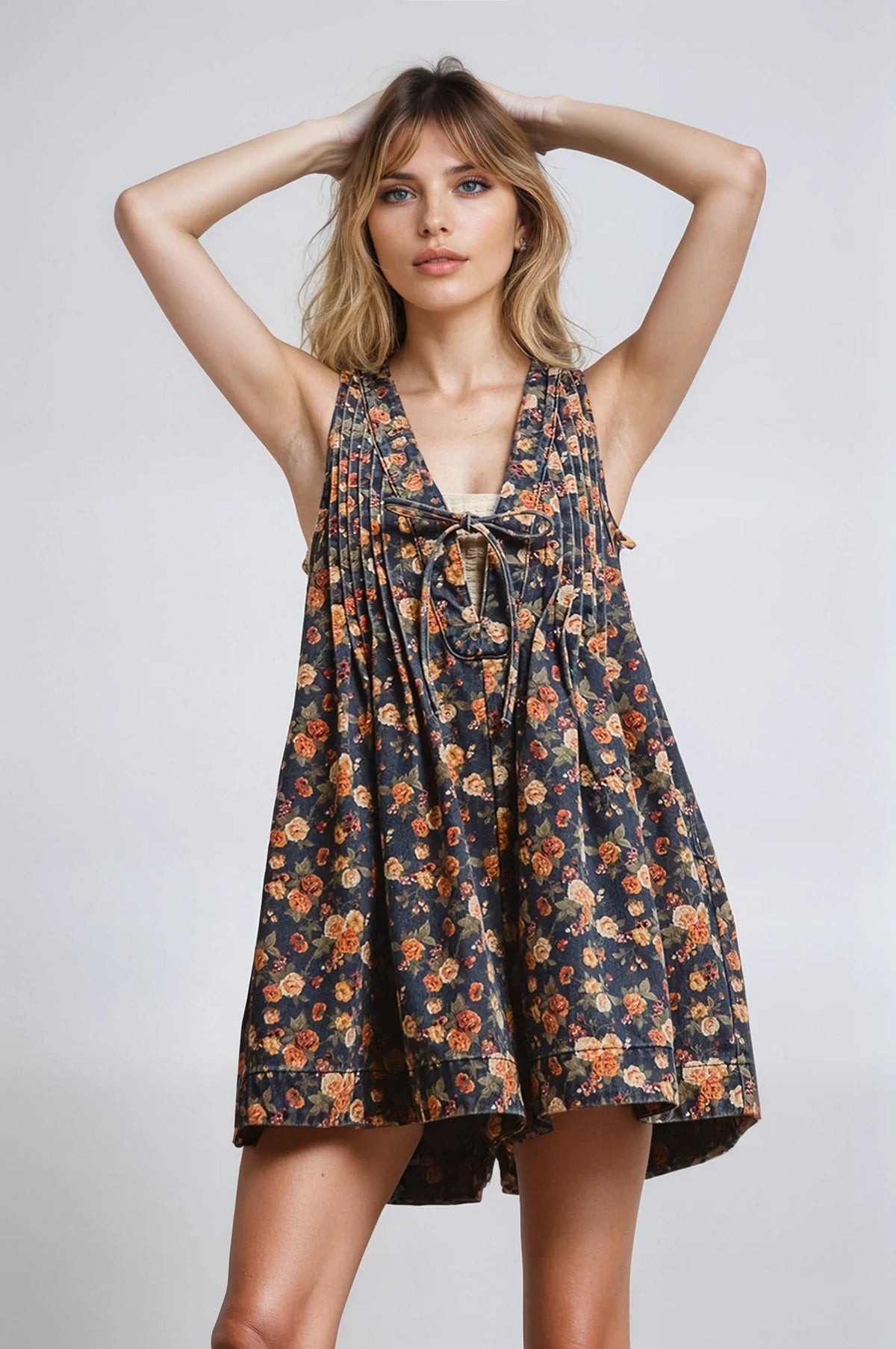 Fitkitty Culture Vintage Bloom denim romper in a faded floral print, alternate view