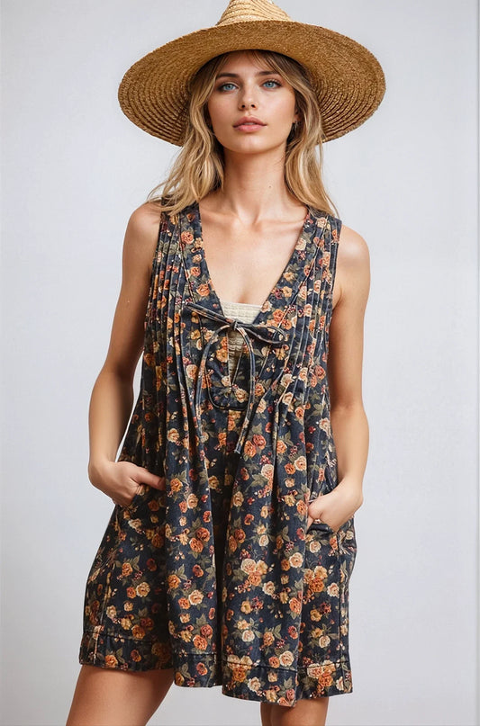 Fitkitty Culture Vintage Bloom denim romper in a faded floral print, front view