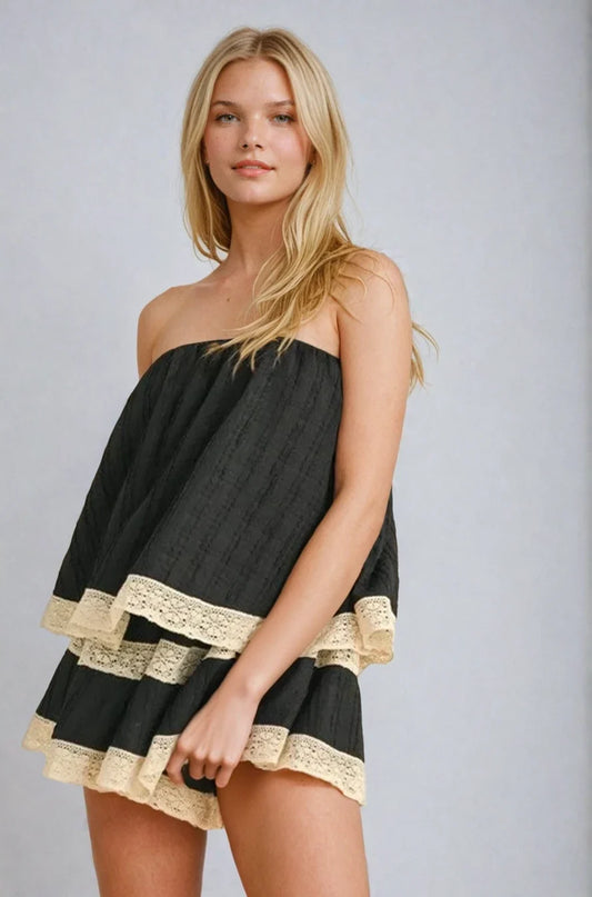 Fitkitty Culture Isla strapless tube romper in black with cream lace trim, front view