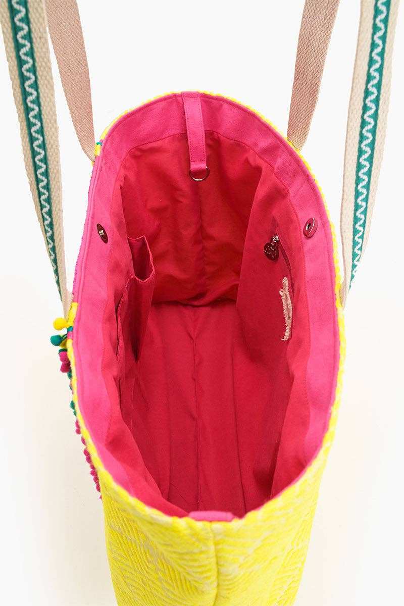Yellow bag with pink interior on a white background