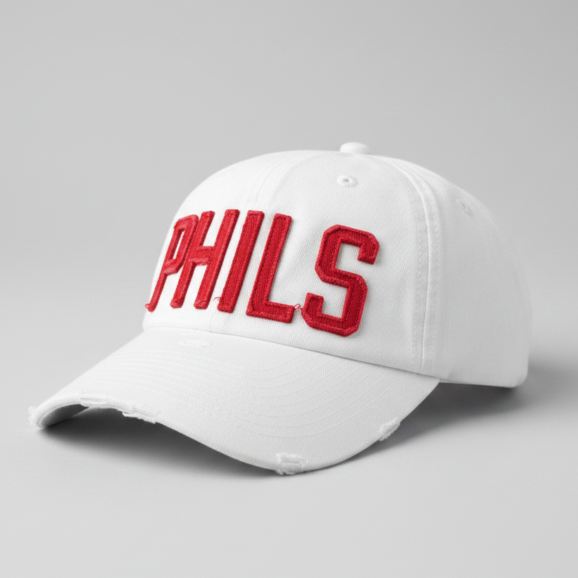 A white baseball cap with 'PHILS' embroidered in red varsity-style letters on the front, shown against a neutral gray background.