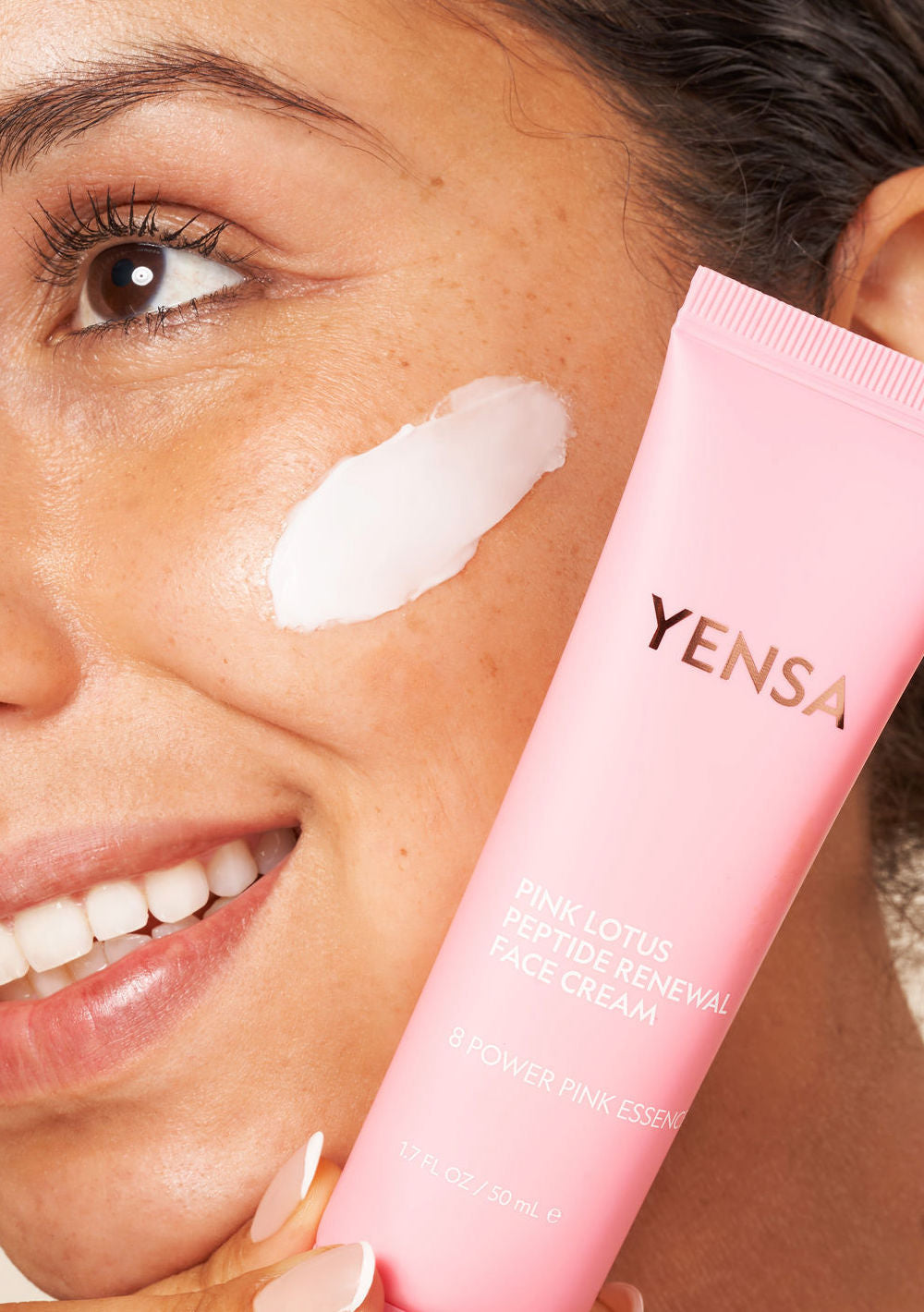 Pink Lotus Peptide Renewal Face Cream, on-model lifestyle photo
