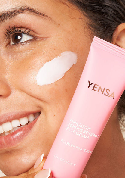 Pink Lotus Peptide Renewal Face Cream, on-model lifestyle photo