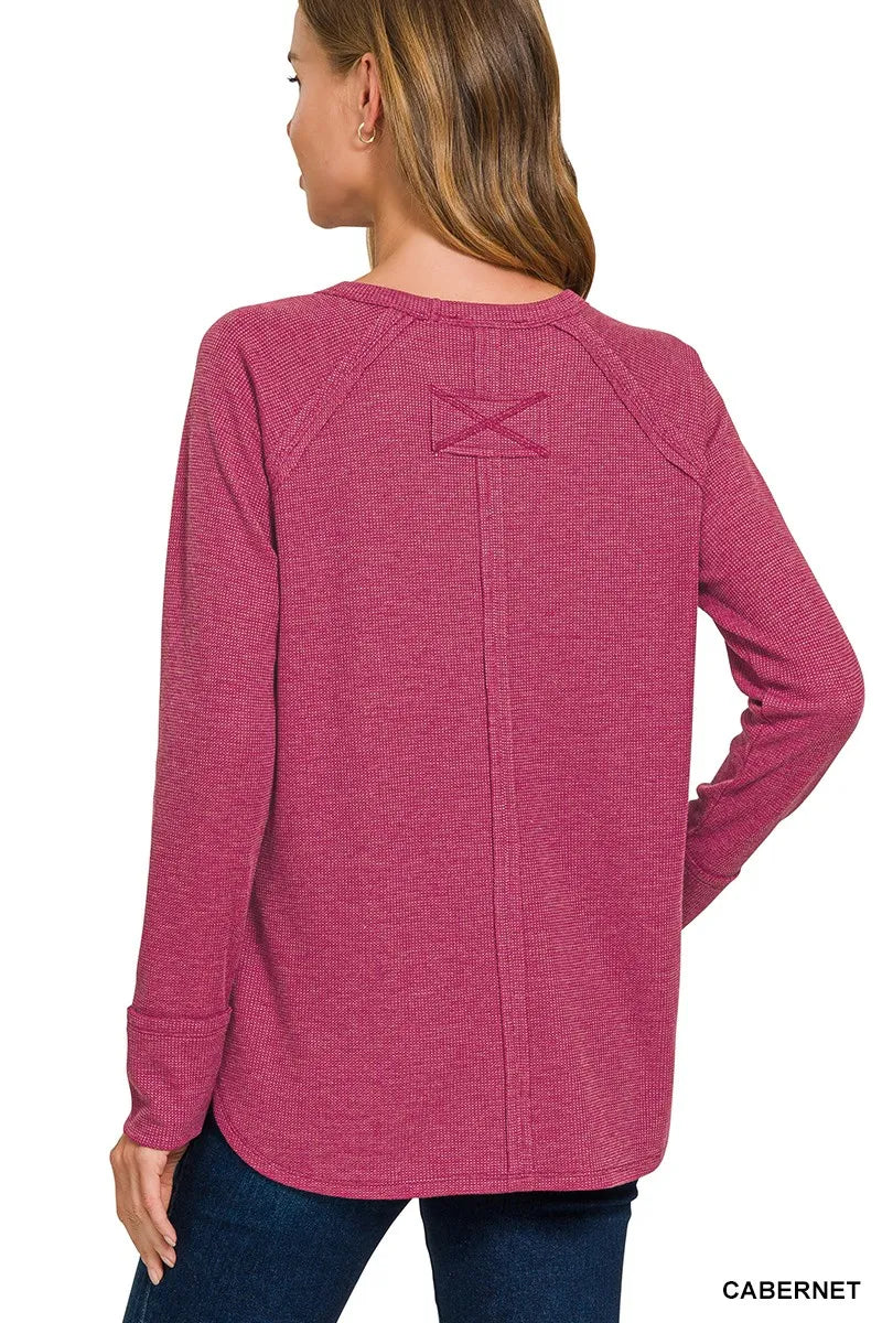 Zenana baby waffle long sleeve top in Cabernet, additional detail