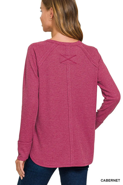 Zenana baby waffle long sleeve top in Cabernet, additional detail
