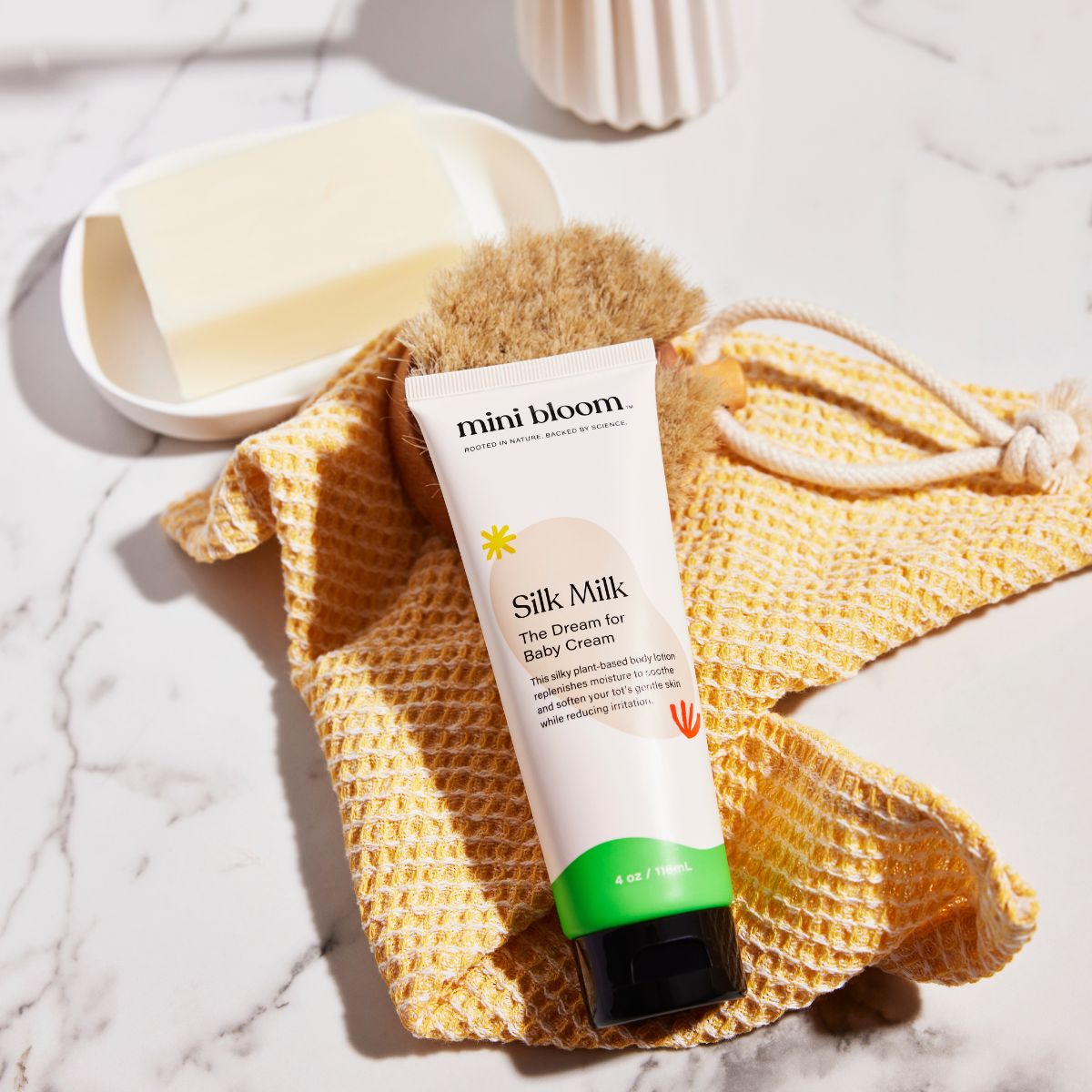 mini bloom Silk Milk kids body lotion, lifestyle photo