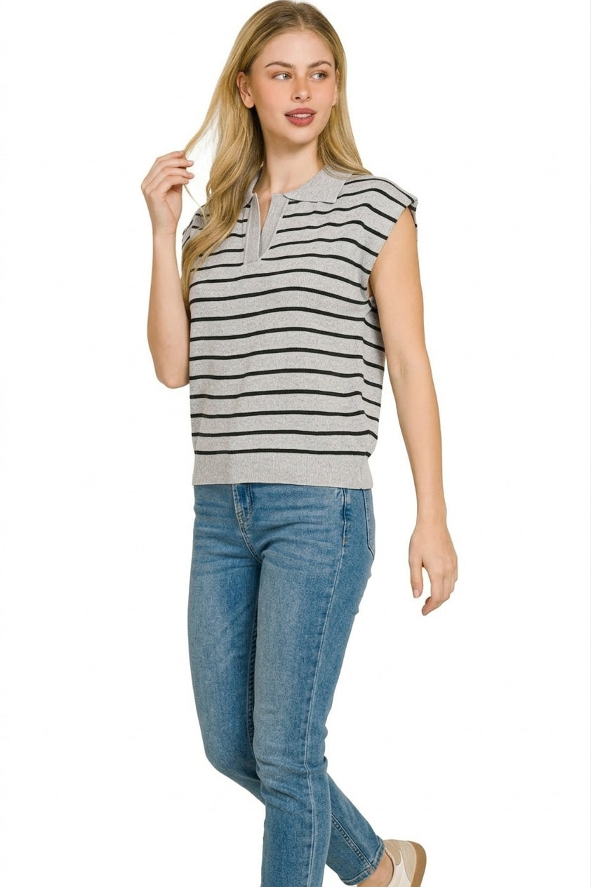 Zenana viscose striped collared sweater vest in Black/H Grey, additional detail
