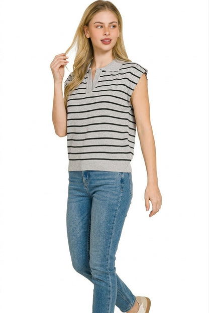 Zenana viscose striped collared sweater vest in Black/H Grey, additional detail