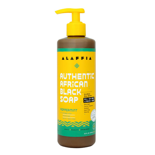 Alaffia Authentic African Black Soap All-In-One in Peppermint, 16 oz bottle with a yellow and green label, front view