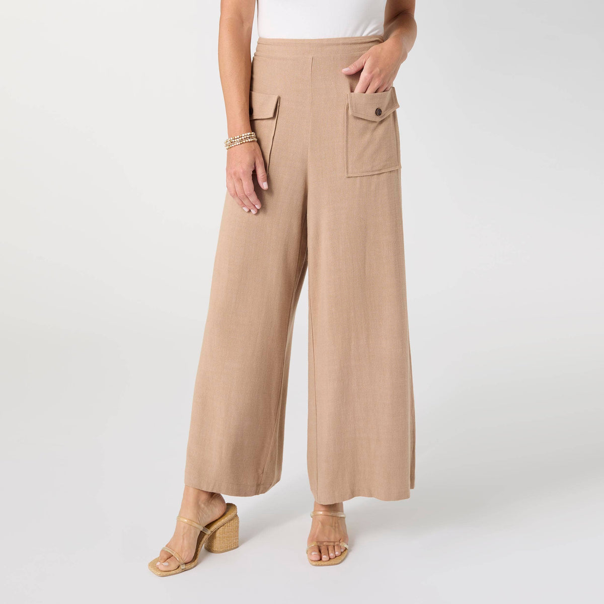 A model wearing beige wide-leg cropped pants with a buttoned flap pocket on the left side, paired with a white top and tan block-heel sandals, against a light gray studio background.