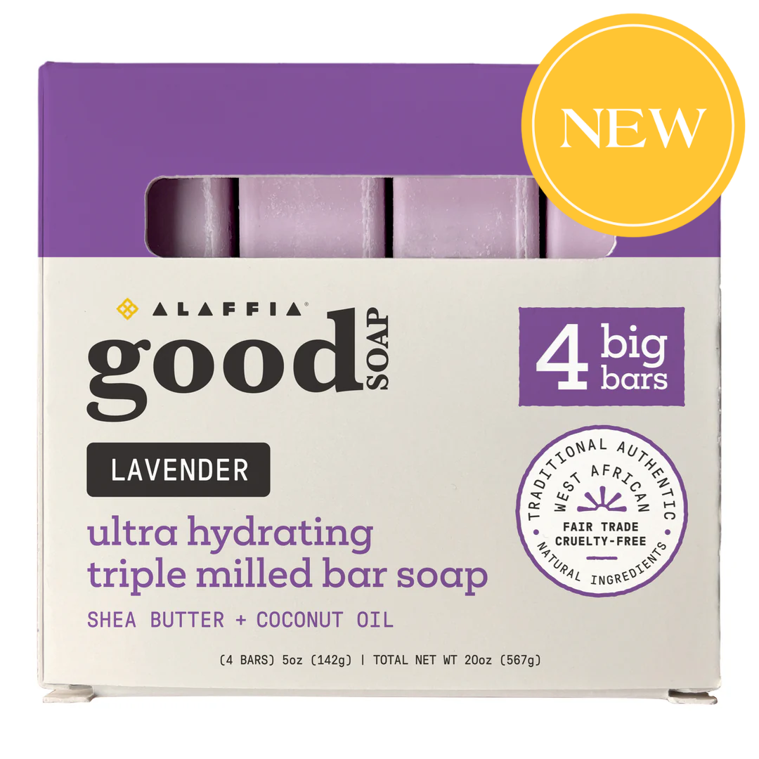 Alaffia Good Soap lavender ultra hydrating triple milled bar soap in a 4-pack box, featuring a cream and lavender color scheme with a yellow 'NEW' badge in the top right corner.