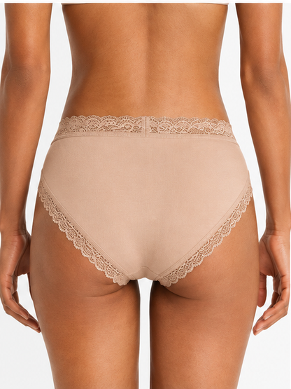 Rear view of a model wearing high-waisted beige lace-trimmed underwear against a plain light background.