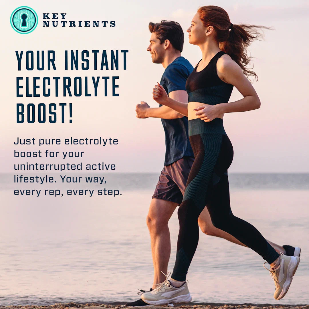 Two people running on a beach with promotional text for 'Key Nutrients' electrolyte boost.