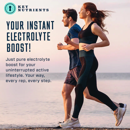 Two people running on a beach with promotional text for 'Key Nutrients' electrolyte boost.