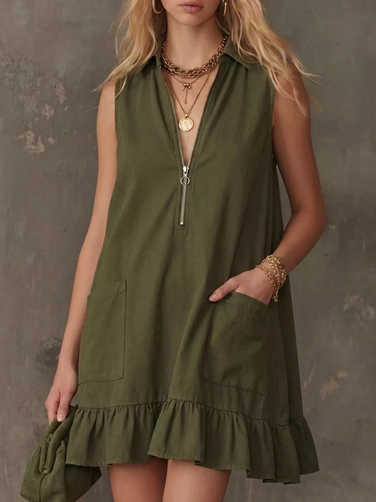 Sleeveless Collared Zip-Front Ruffle Hem Dress, product photo
