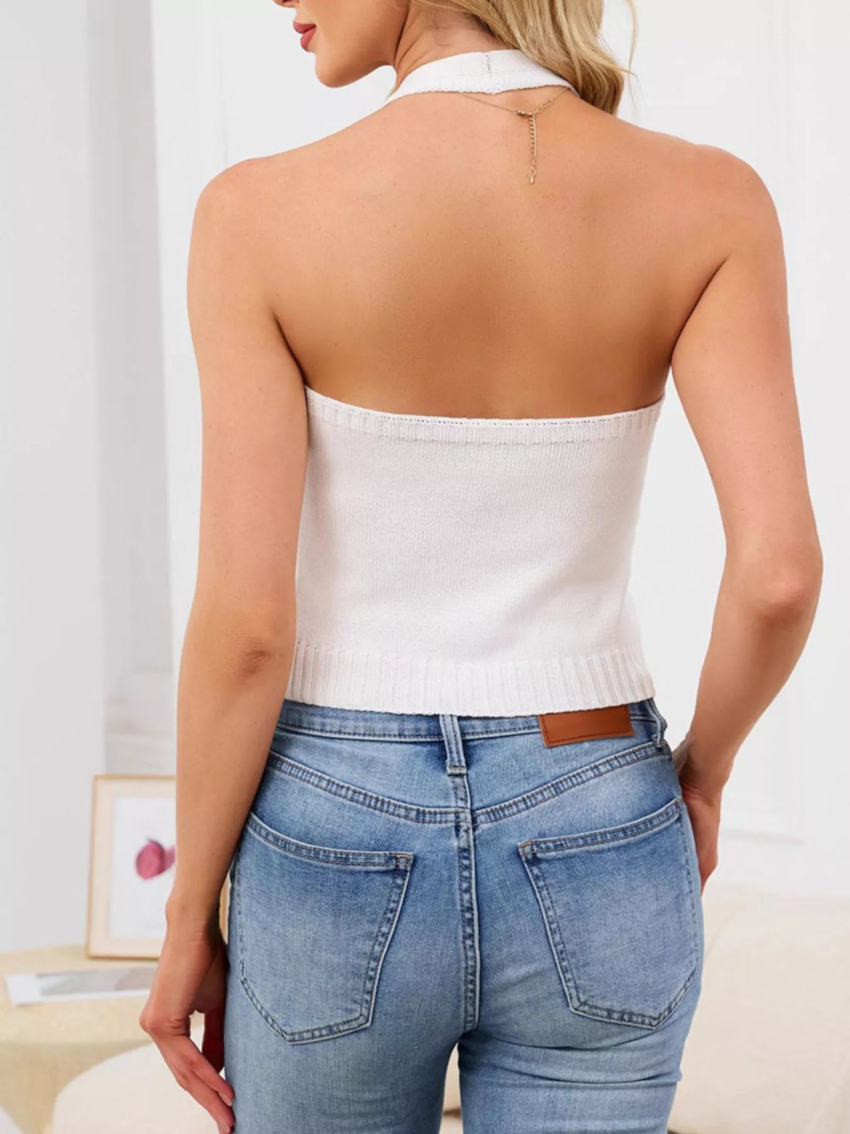 Halter neck button-down knit sweater vest in White, styled photo