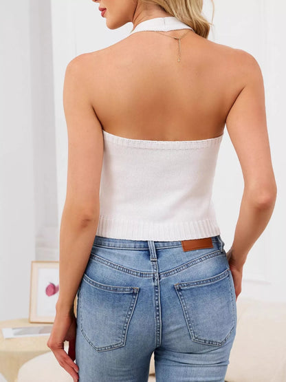 Halter neck button-down knit sweater vest in White, styled photo