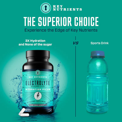 Key Nutrients electrolyte supplement bottle with a sports drink bottle on a teal background