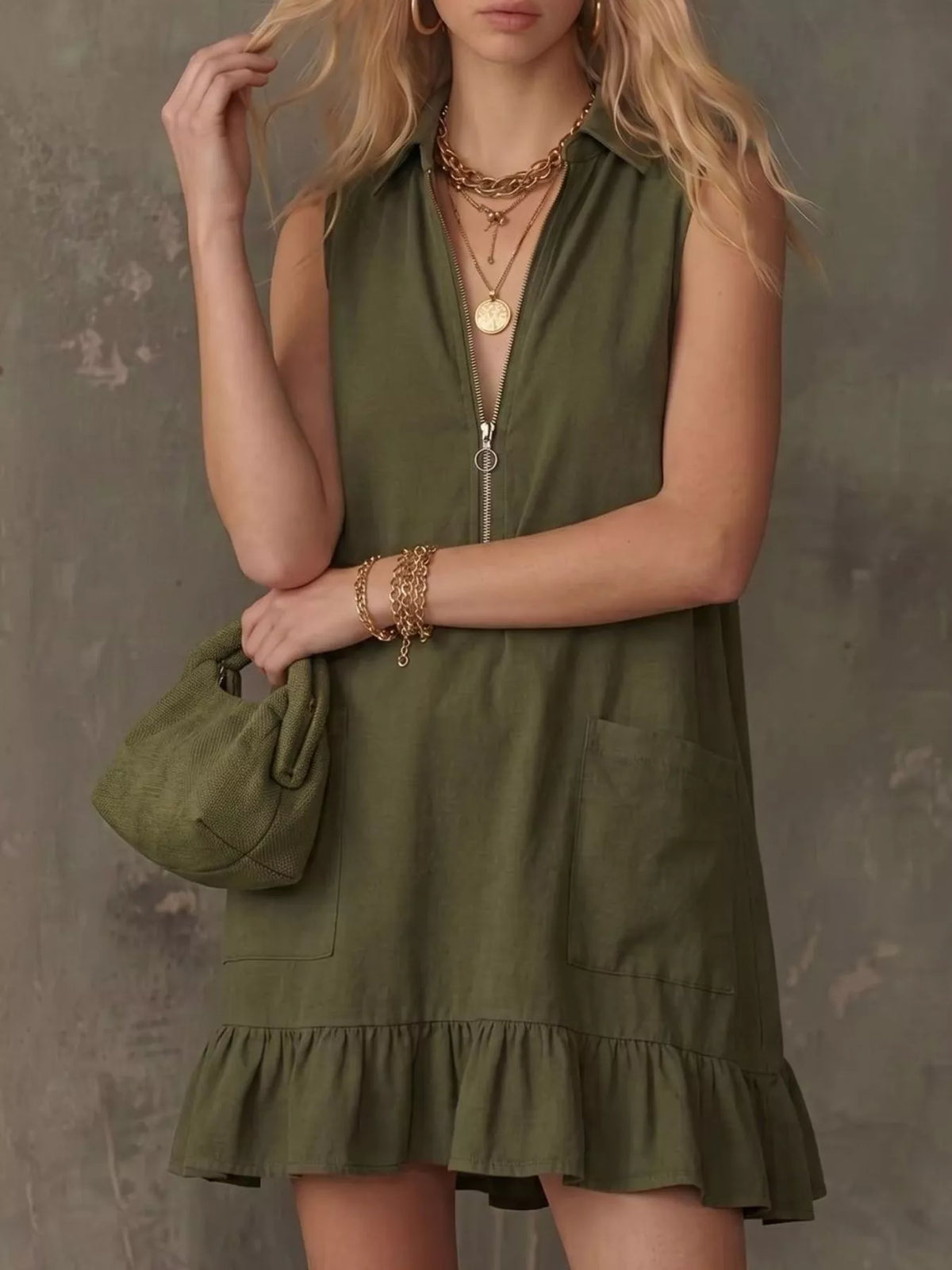 Sleeveless Collared Zip-Front Ruffle Hem Dress, alternate view