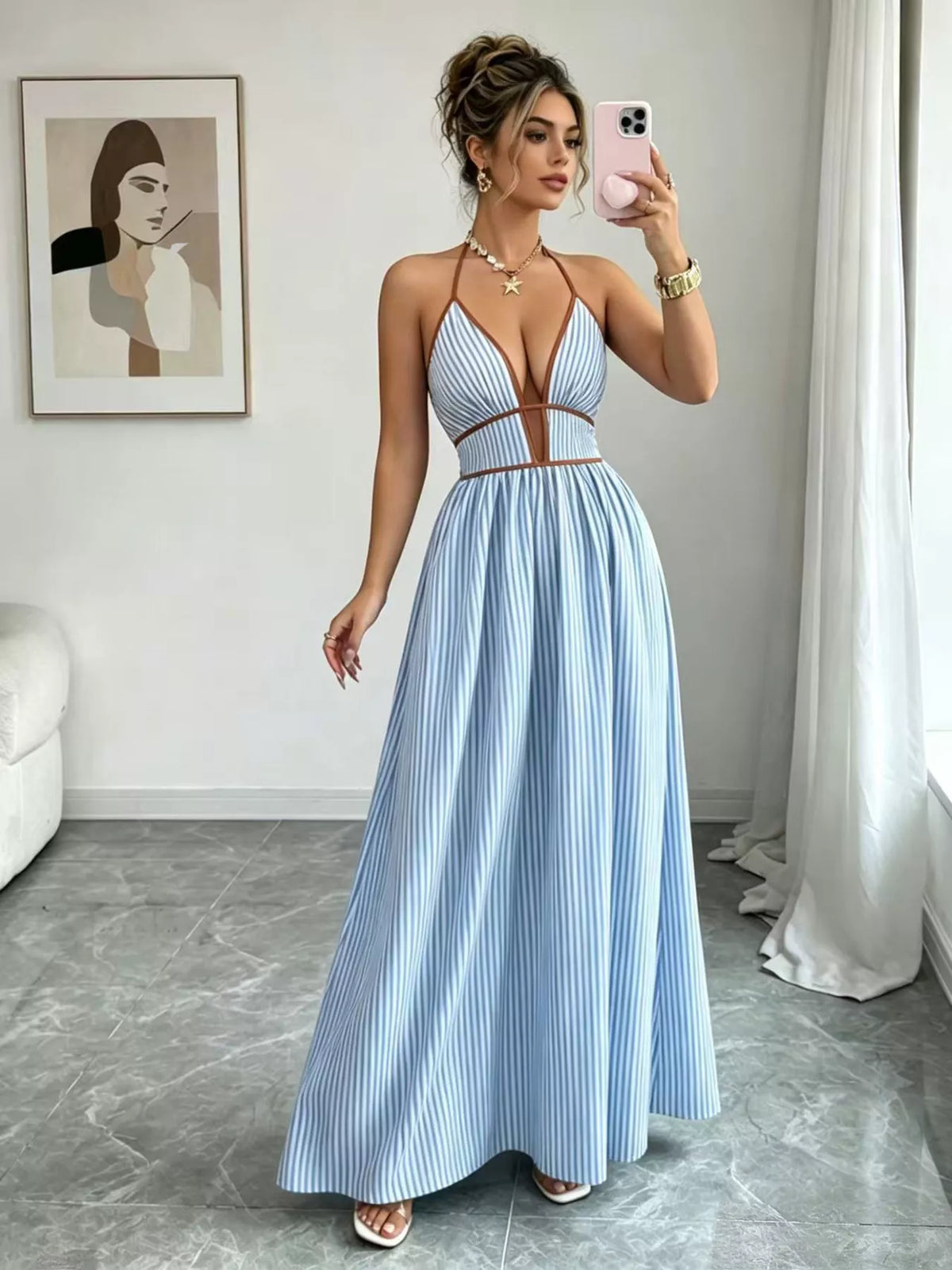 Striped Halter Neck Maxi Dress, product photo