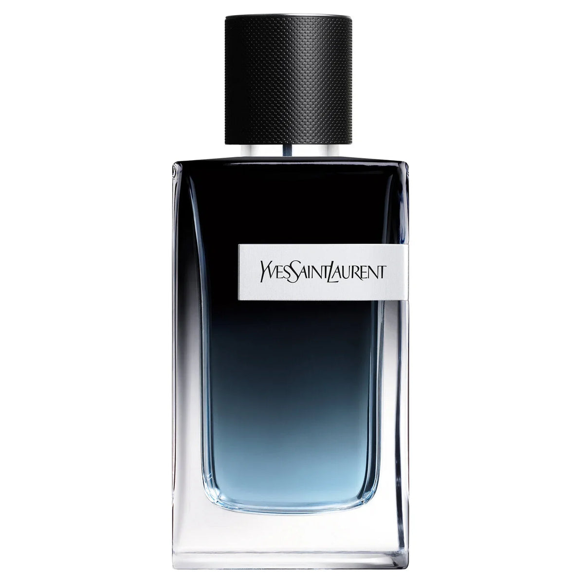 Yves Saint Laurent Y Eau de Parfum bottle in clear glass with a textured black cap, on a solid white background.