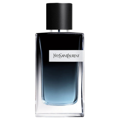 Yves Saint Laurent Y Eau de Parfum bottle in clear glass with a textured black cap, on a solid white background.