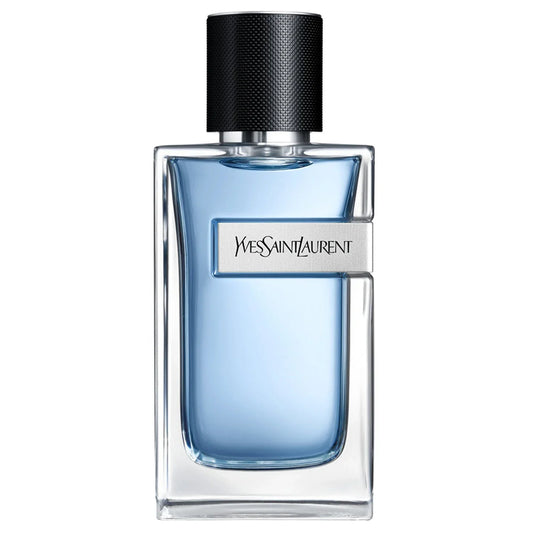 Yves Saint Laurent Y Eau de Toilette bottle with blue liquid on a white background