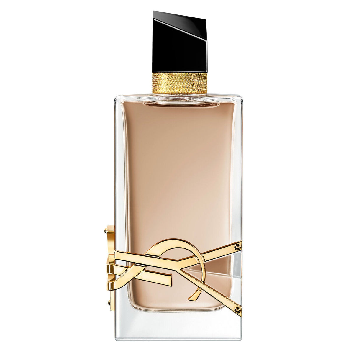 Yves Saint Laurent Libre Flowers & Flames Eau de Parfum bottle with gold accents on a white background