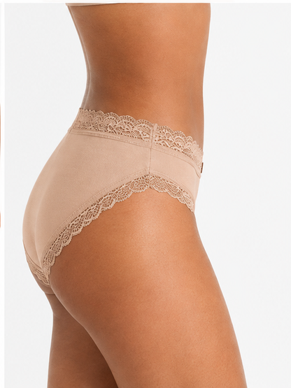 Beige lace-trimmed high-waisted briefs shown on a model from a side-back angle against a plain light background.
