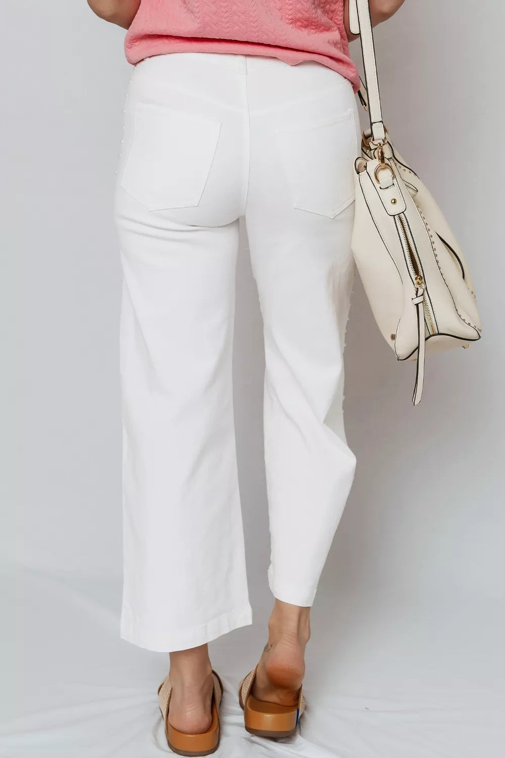 Pearl embellished side seam ankle-length shift jeans in White, styled photo