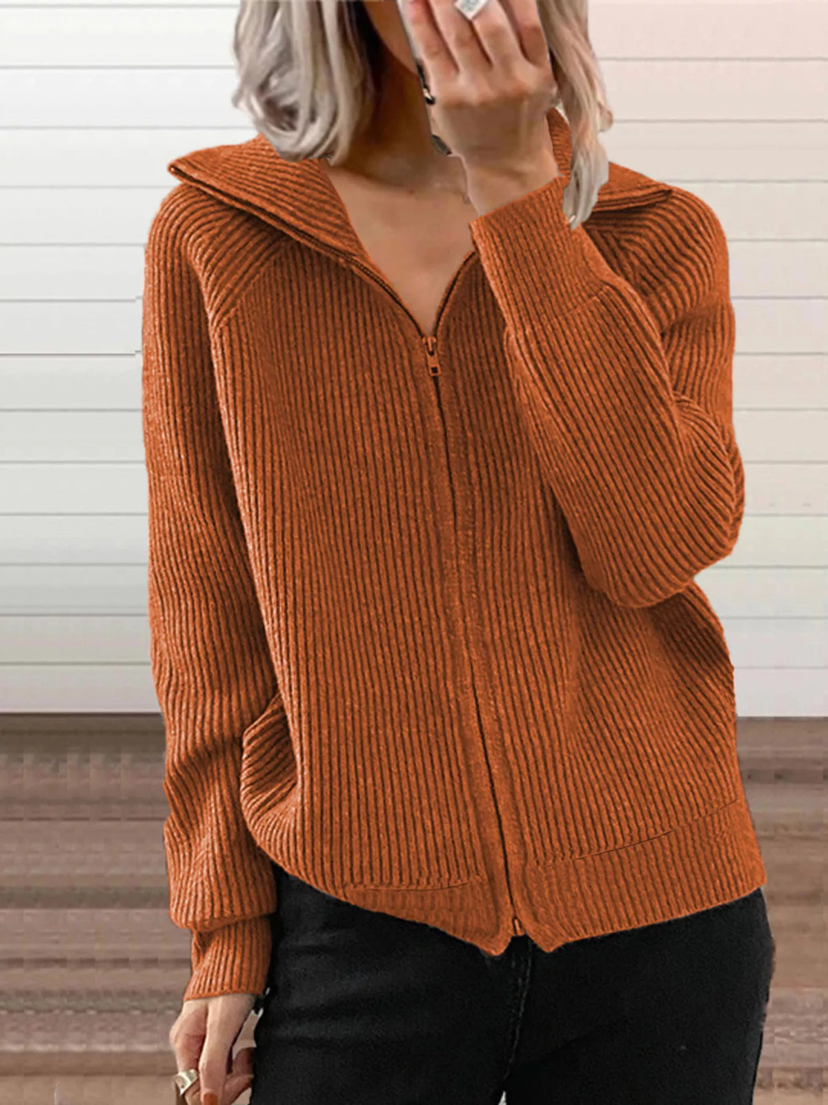 Ribbed Knit Zip-Up Outerwear, product photo