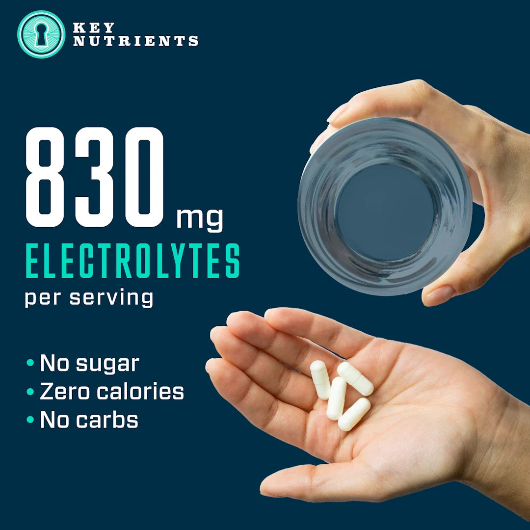Hand holding electrolyte tablets with a glass of water, Key Nutrients branding visible