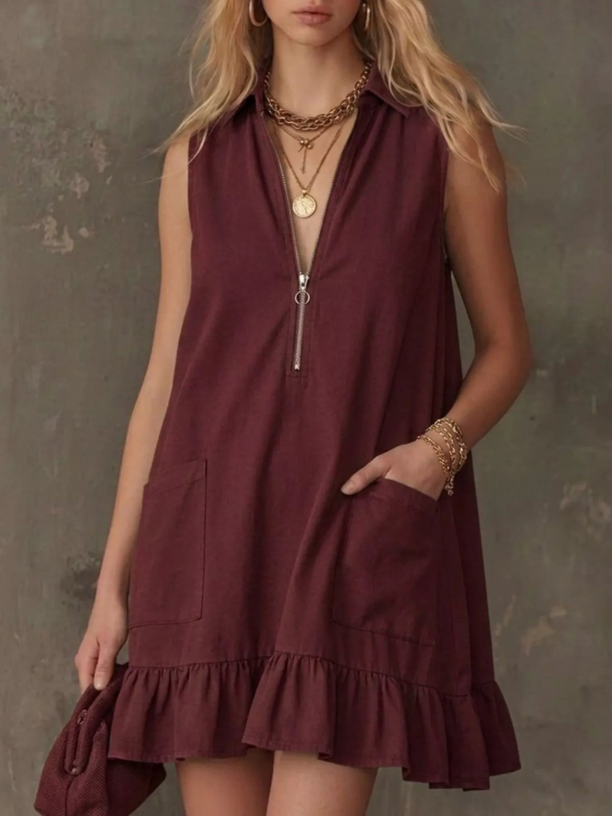 Sleeveless Collared Zip-Front Ruffle Hem Dress, alternate view (2)