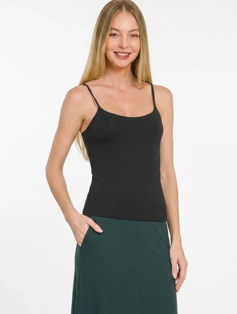 Zenana Double Layered Round Neck Spaghetti Cami in black, additional detail
