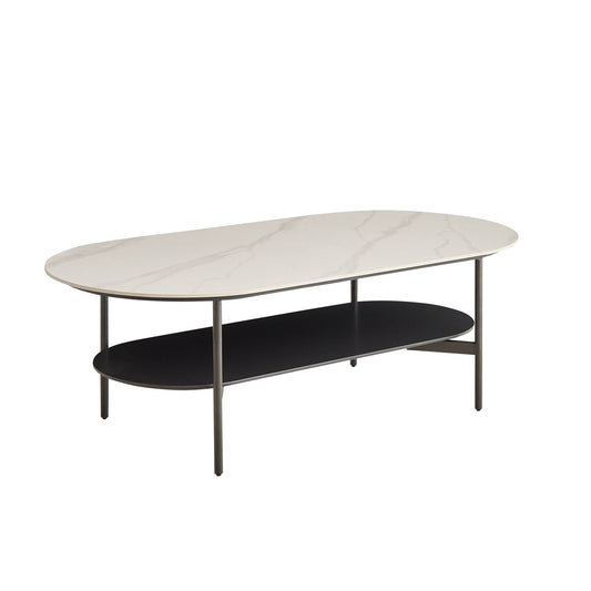 Double-layer sintered stone coffee table in white and gray with matte lower shelf