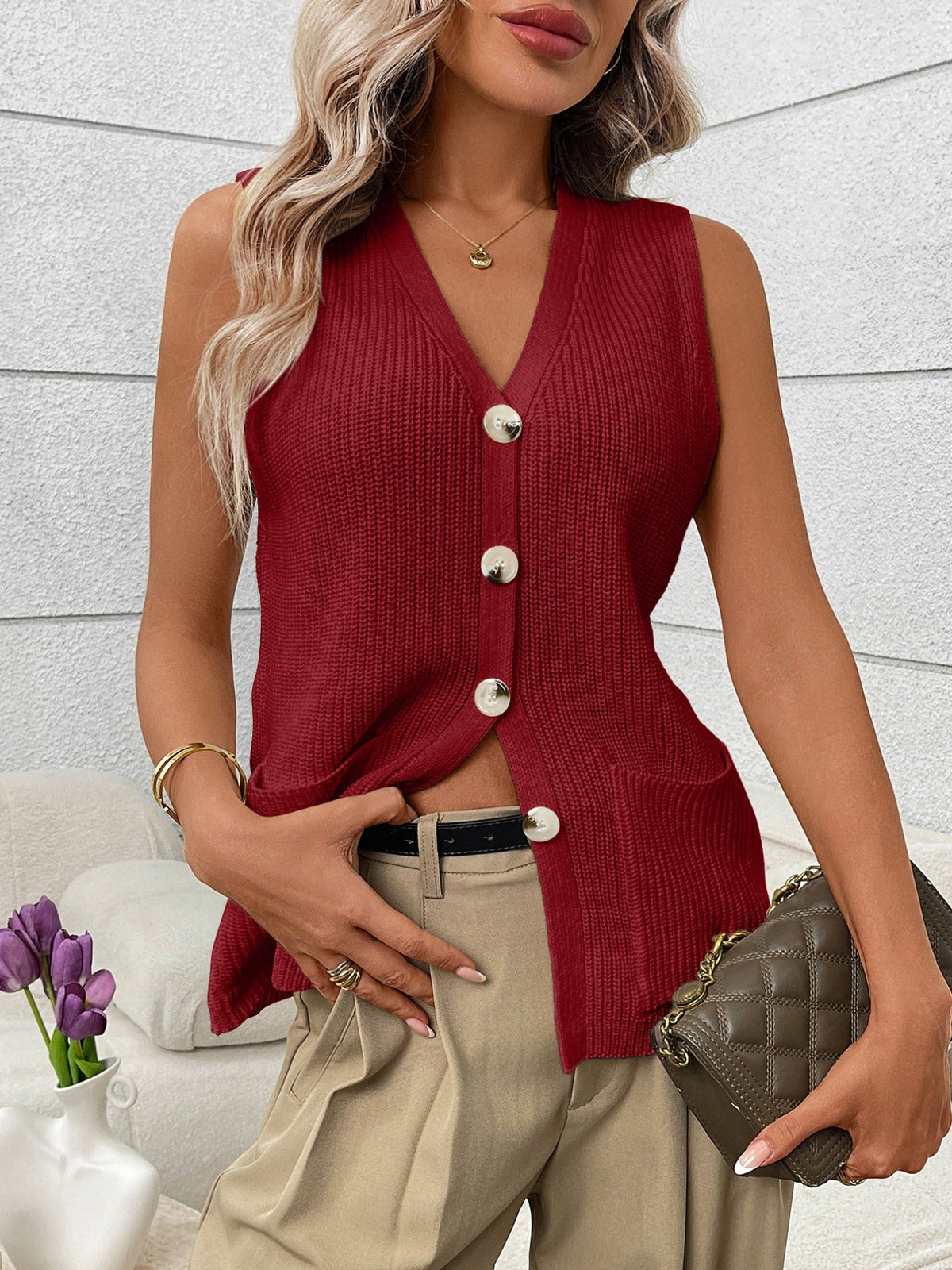 Button-down knit sweater vest, styled photo (4)