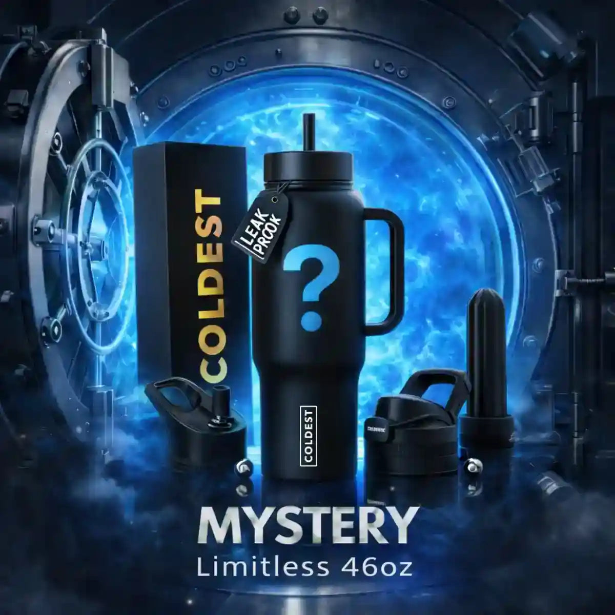 A promotional product render showing a black insulated tumbler with a handle and straw, alongside its box and accessory lids, set in front of a glowing blue vault door background. Visible text includes 'COLDEST', 'LEAK PRO', 'MYSTERY', and 'Limitless 46oz'.