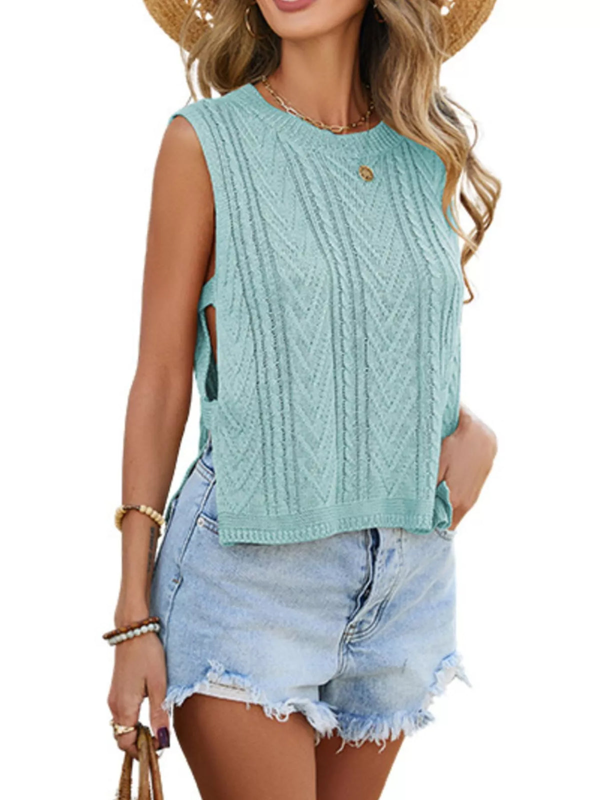 Cable knit round neck sweater vest, styled photo