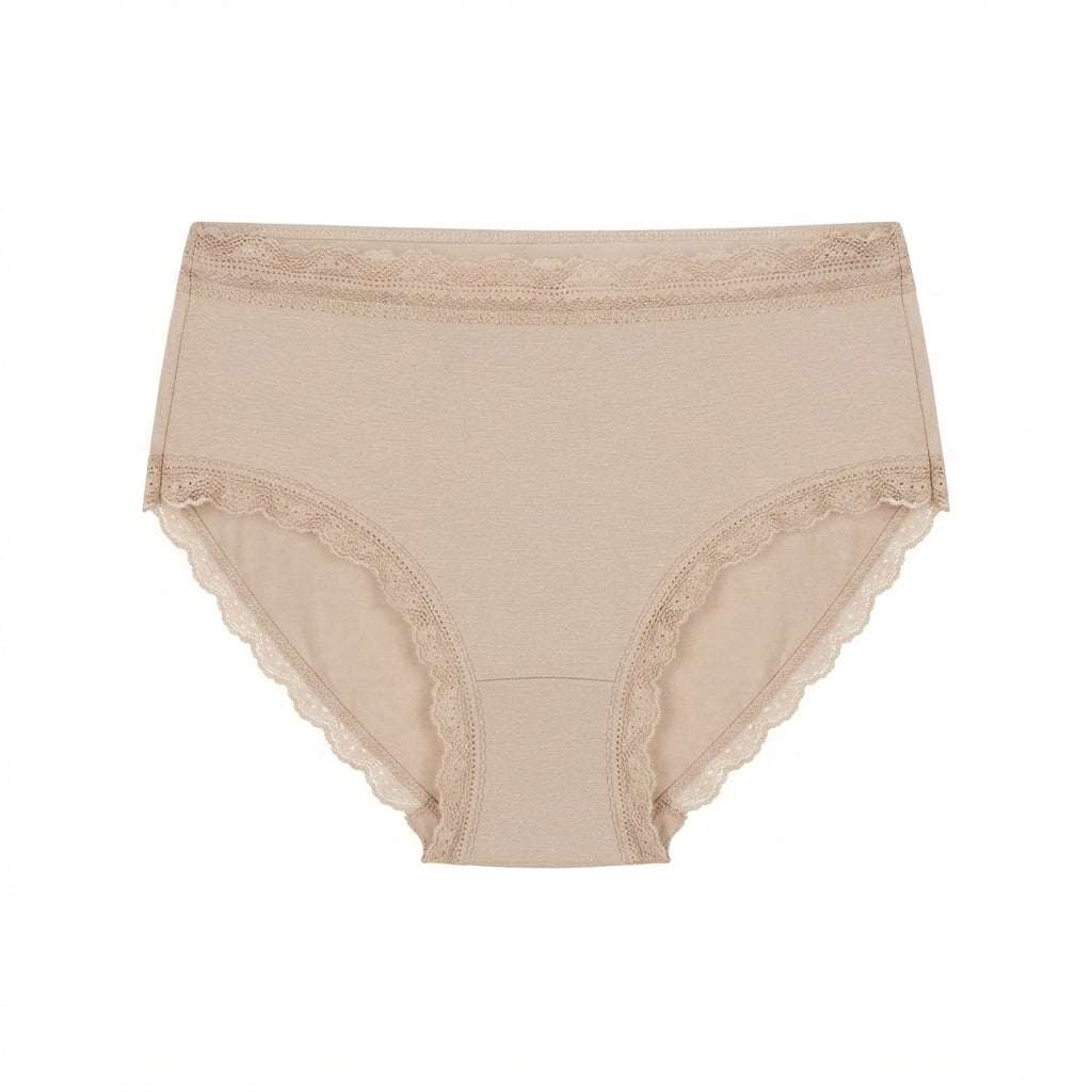 Beige high-waisted briefs with delicate lace trim along the waistband and leg openings, shown flat against a white background.
