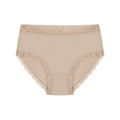 Beige high-waisted briefs with delicate lace trim along the waistband and leg openings, shown flat against a white background.