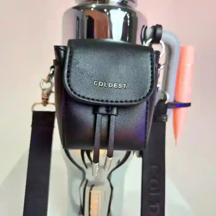 Black leather pouch with 'COLDEST' branding attached to a metallic water bottle.