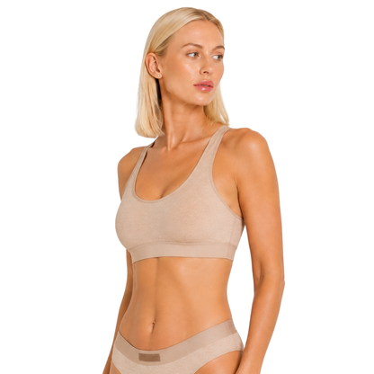 Organic Cotton & Hemp Racerback Bralette in Mocha, on-model alternate view on a white background