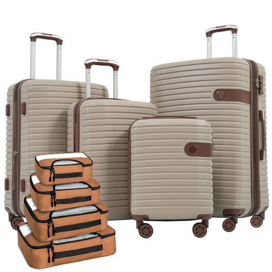 4-Piece Hard Shell Expandable Luggage Set in Beige with brown trim, shown with its packing cubes on a white background