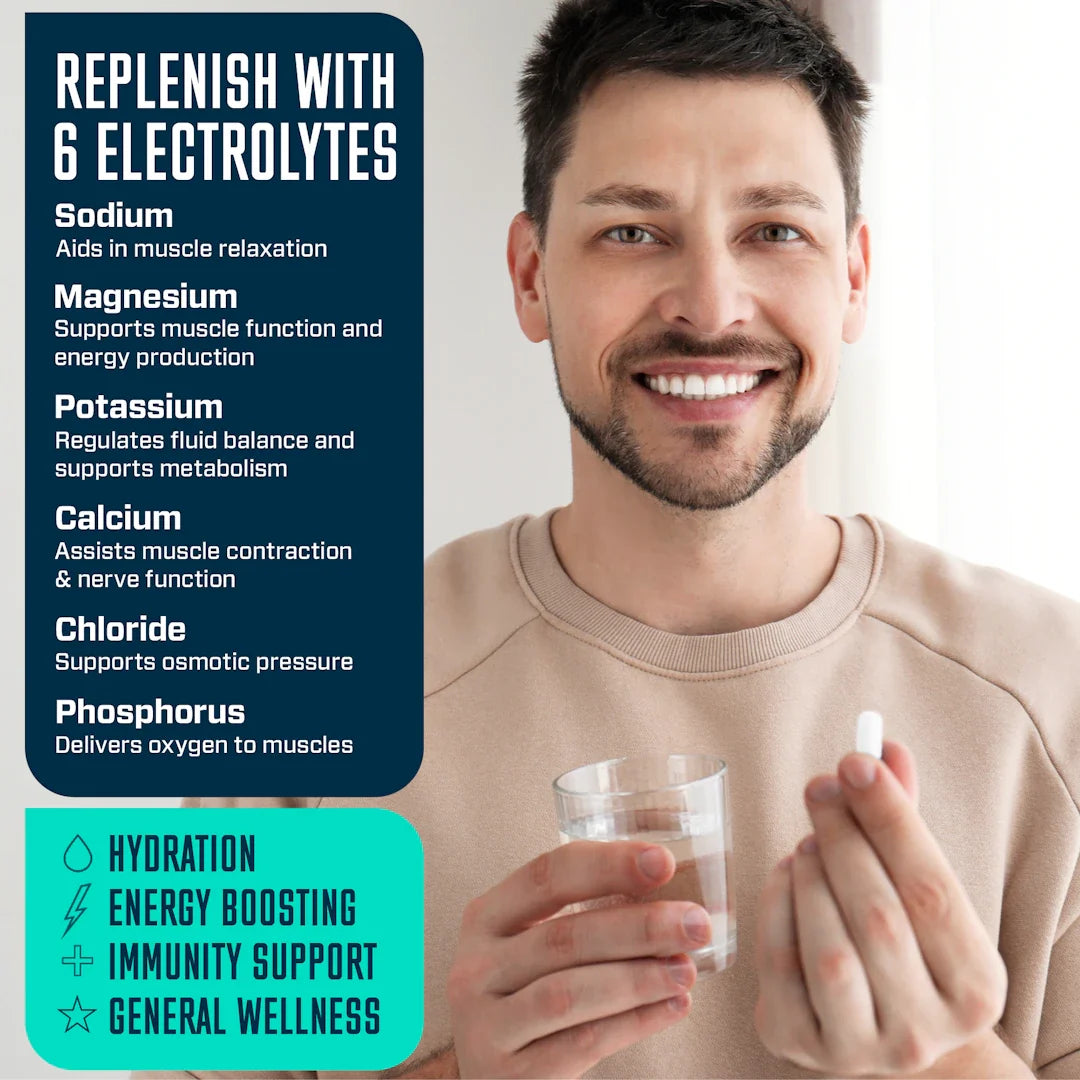 Man holding a glass of water and a supplement with electrolyte information on a white background